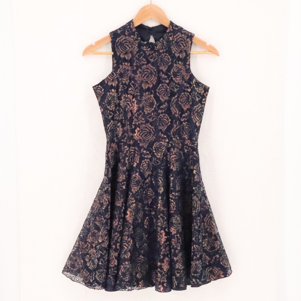 Rare Edition Floral Lace Dress Girls Size L Navy‎ Irredescent Metallic Party